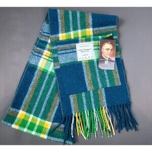 Patrick King Boystown Tartan Pocket Scarf Blue Green Plaid Merino Wool 70" X 10"